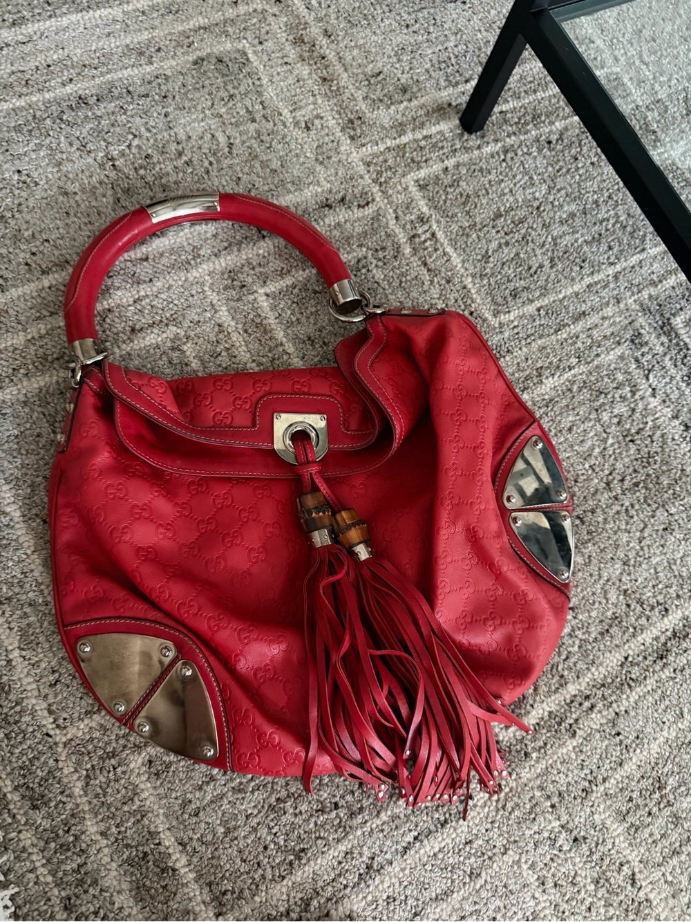 Gucci Red Leather Tassel Hobo Shoulder Bag